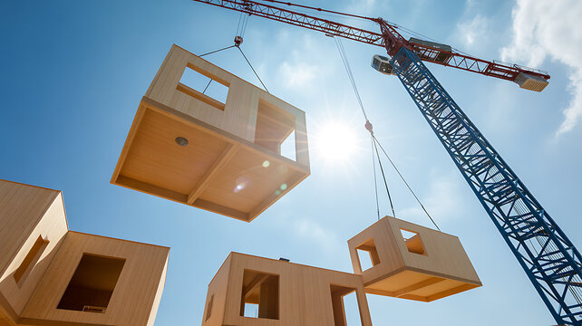 Modular wooden house construction with crane lifting prefabricated building modules against