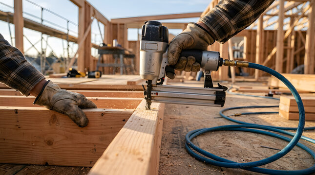 Construction Worker Using Pneumatic Nailer on Wood Framing | Close Up of Carpenter Driving Nail with Air Nail Gun on Timber | Carpenter Hands Fastening Wooden Frame with Pneumatic Nailer