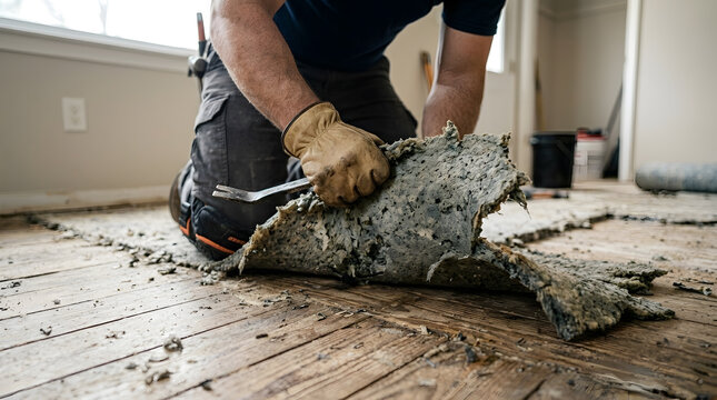 Flooring Contractor Removing Old Damaged Carpet Underlayment with Pry Bar | Close Up of Worker Pulling Up Worn Carpet Padding from Hardwood Floor | Contractor Stripping Old Carpet Underlayment during 