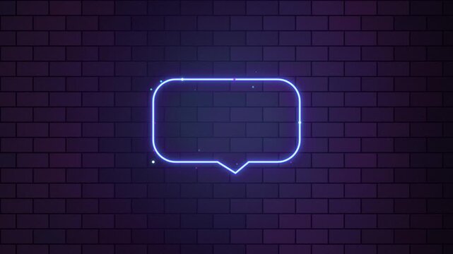 Glowing neon speech bubble frame animation loop on dark brick wall background