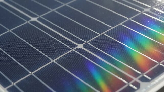 Sunlight rays refracting across a modern photovoltaic solar panel surface in slow motion