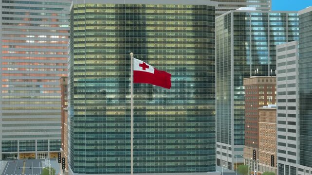 Tonga Flag 3D Render Animation on Pole with Modern Business District Buildings - Daytime View