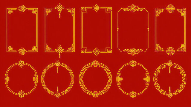 Asian golden chinese, japanese, korean knot frames and borders. Vector photo frames with traditional asian ornaments, embellishment or patterns. Oriental graphic vintage gold decor on red background