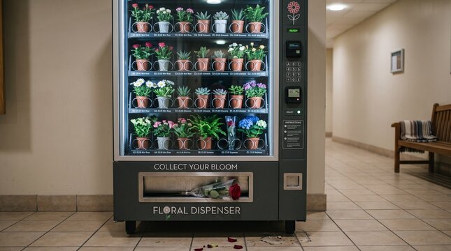 Automated flower vending machine dispensing a fresh red rose in a modern indoor hallway