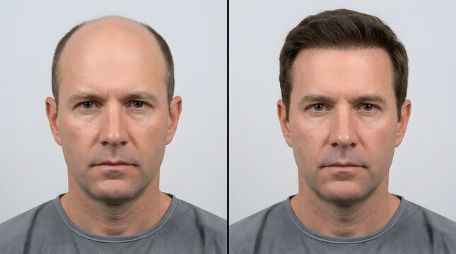 Before and after split screen of male hair transplant patient demonstrating full scalp hairline coverage