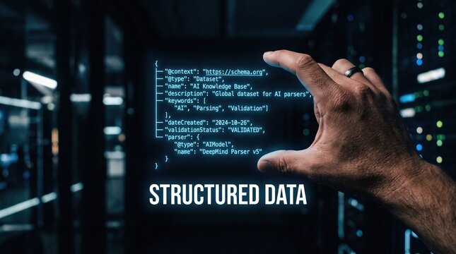 Conceptual visualization of structured data architecture and digital information processing, highlighting future technology in a secure server environment, held by a human hand