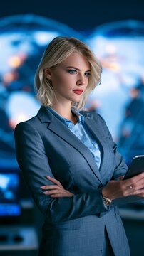 Businesswoman holding tablet managing global digital network