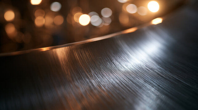 Curved Brushed Metal Surface with Warm Bokeh Background