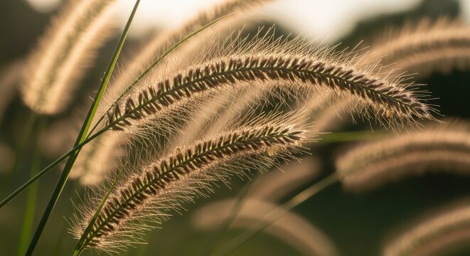 Close up of foxtail grass seed heads illuminated by golden hour sunlight natural meadow texture