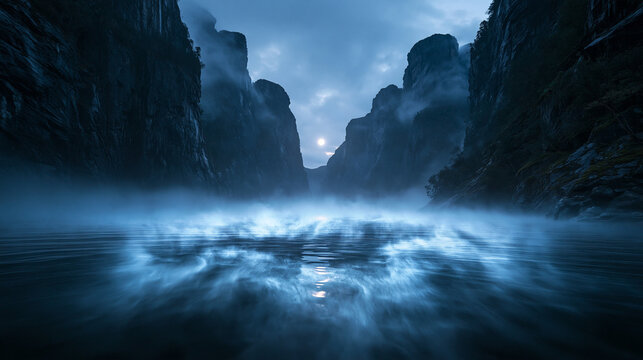 Misty Fjord at Night with Glowing Water and Mountains