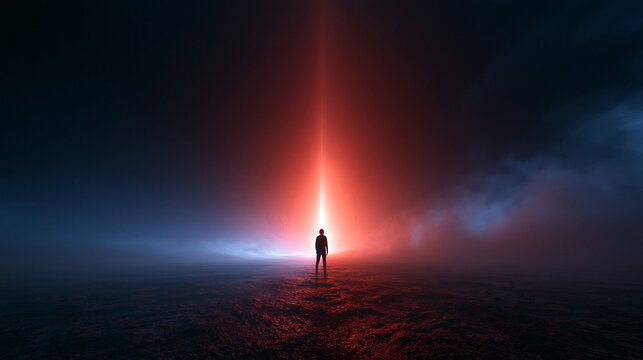 Silhouette of Person Facing Glowing Vertical Light Portal in Dark Landscape