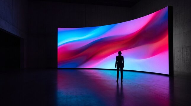 Person Standing Before Large Curved Digital LED Screen