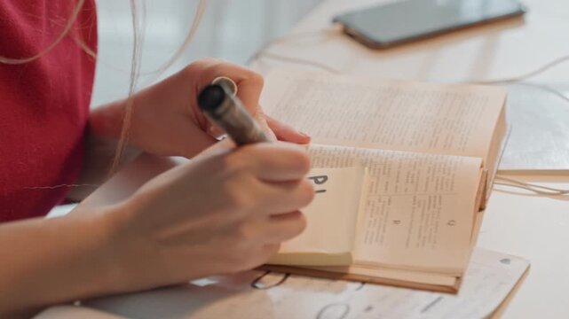 Young woman writes on sticky note placed in open book. Scene includes scattered papers with handwritten notes. Soft natural light illuminates this desk setup with various study