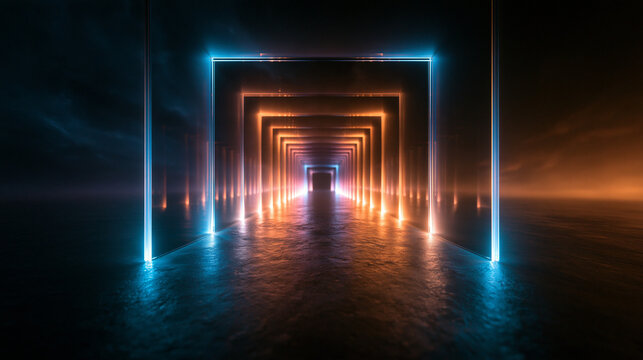 Futuristic Corridor with Glowing Neon Square Light Frames