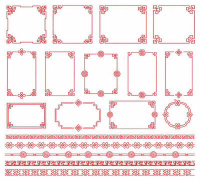 Red Asian red knot frames and borders. Korean, chinese and japanese knot vector embellishment. Chinese red pattern ornaments and asian oriental corner frames or geometric borders