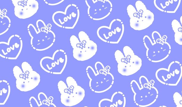 Cute rabbit seamless pattern with love hearts on purple background for commercial child fashion prints, nursery textiles, gift wrapping paper, and digital wallpapers.