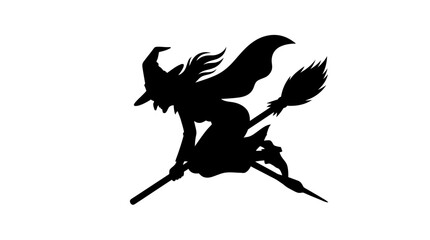 Fototapeta premium Halloween Witch on Broomstick Silhouette Set. Flying Halloween Character Vector Illustration. Spooky Magic Theme Graphic Design Elements. Occult Symbol isolated on White Background vector