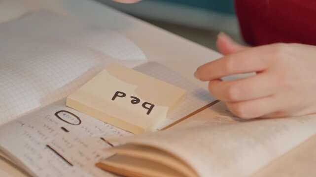 Two people engage by writing characters like bed ped. Graph paper is visible beneath partially opened textbook. Two hands manipulate small pieces of cardstock labeled pqd