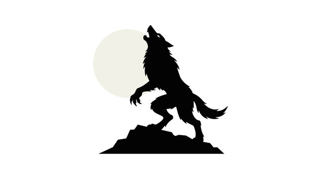 Halloween Black howling wolf silhouette illustration, wild dog wolfing at full moon, animal profile icon isolated on White Background vector