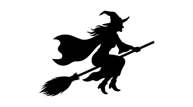 Halloween Halloween witch silhouette vector. Magic broomstick flying fairy tale character. Black magic spell night flying icon design element for holiday decoration. Festival symbol outline.