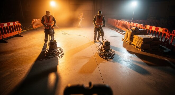 Skilled Laborers Power Troweling New Concrete Floor Indoors