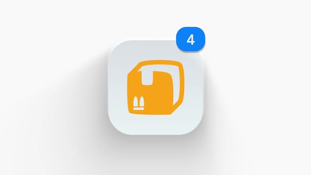 Package box app icon featuring animated notification badge with counter 1 to 99, dynamic shadow effect, minimalist cardboard parcel delivery order concept, on white background. 