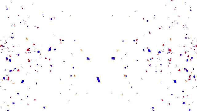 Confetti party popper blast, colorful metallic paper pieces exploding and scattering through the air during a festive celebration. Realistic multicolor confetti explosion animation. 4K video