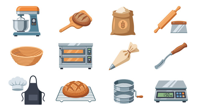 Professional bakery equipment set with kitchen tools appliances and fresh bread