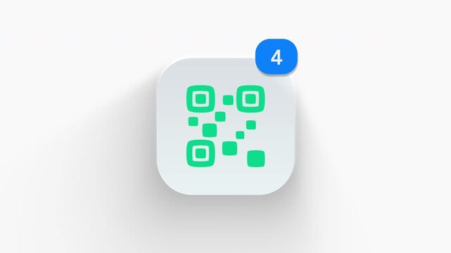 QR code app icon featuring animated notification badge with counter 1 to 99, dynamic shadow effect, minimalist matrix barcode digital scan square concept, on white background. 