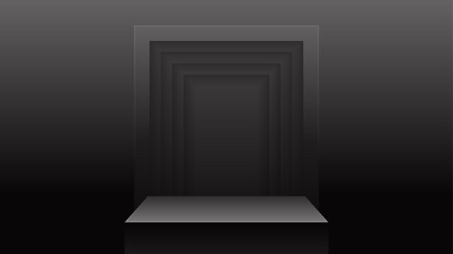 Dark square podium vector illustration with layered rectangular frame, black platform and dramatic gradient background, suitable for luxury products, exhibitions,  presentations and advertising.