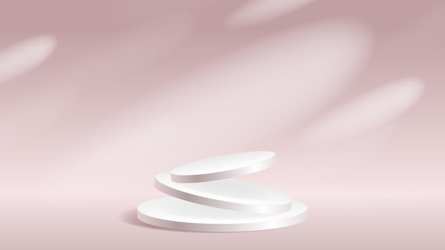 White cylindrical pedestal vector background with floating oval steps, pale pink shadows and a luminous composition, suitable for skincare products, luxury branding, packaging and online campaigns.