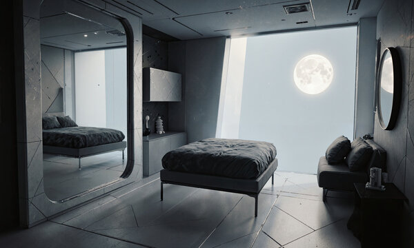 Futuristic bedroom metamaterial view showcases a sleek minimalist interior with grey furniture and a large moon in the sky
