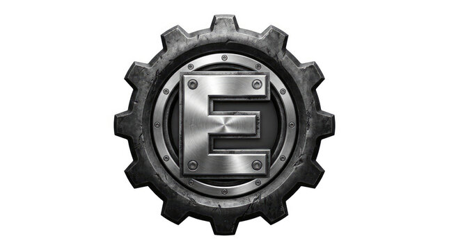 Industrial metallic gear emblem with letter E.