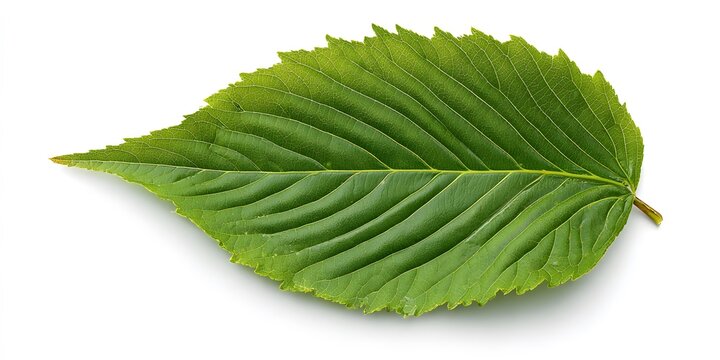 A vibrant green leaf with prominent veins isolated on a white background.