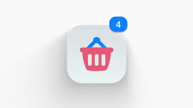 Shopping basket app icon featuring animated notification badge with counter 1 to 99, dynamic shadow effect, minimalist retail grocery store hand basket concept, on white background. 