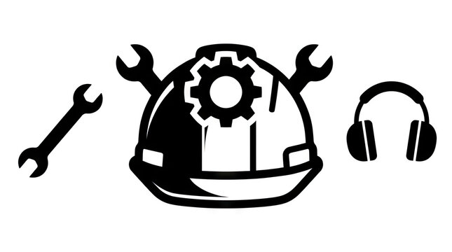 Industrial safety helmet with wrenches gear and headphones illustration