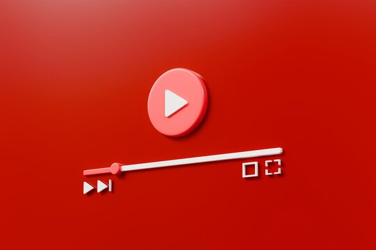 3d video player interface. online streaming concept. minimal cartoon play button, progress bar, controls and fullscreen for digital media and entertainment. red background. 3d render.