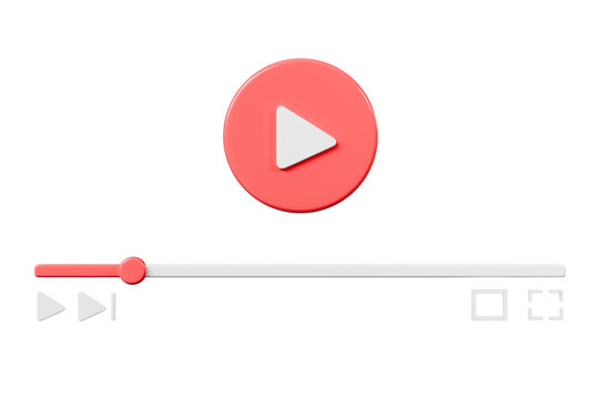 3d video player interface. online streaming concept. minimal cartoon play button, progress bar, controls and fullscreen for digital media and entertainment. red background. 3d render.