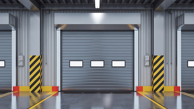 Row of industrial warehouse loading bays with closed grey roller doors and safety markings 