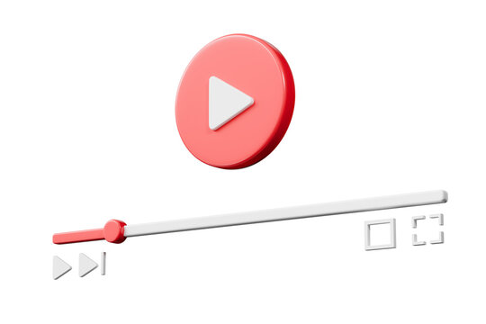 3d video player interface. online streaming concept. minimal cartoon play button, progress bar, controls and fullscreen for digital media and entertainment. red background. 3d render.
