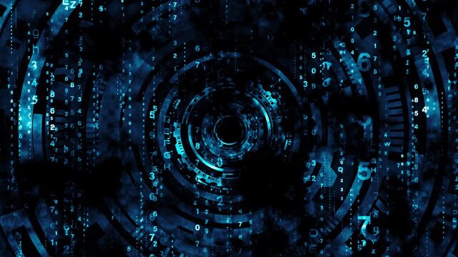 4K abstract loop blurred falling blue neon cloud digital number text matrix hitech HUD style on black background animation. 