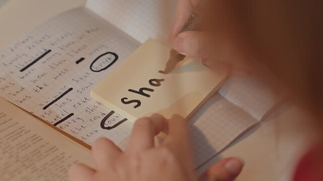 Close up of hands writing words on sticky notes. Sticky notes are placed near graph paper with handwritten text. Notebook pages show underlined sentences and circled terms such