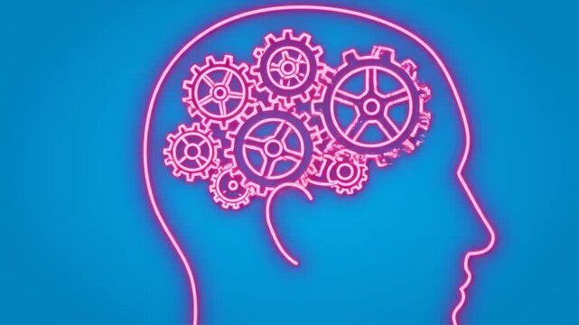 Neon Brain Gears: Glowing Red Head Profile on Blue Background for AI and Tech Concepts.