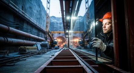 Fototapeta premium Tunnel Construction Worker In Hard Hat Supervising Heavy Machinery Operations