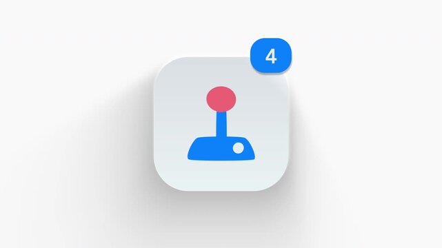 Retro joystick app icon featuring animated notification badge with counter 1 to 99, dynamic shadow effect, minimalist vintage arcade game lever controller concept, on white background. 