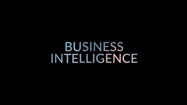 BUSINESS INTELLIGENCE glitch text effect with silver light glowing loop animation. 4K 3D isolated seamless loop Business Intelligence glitch text effect element.