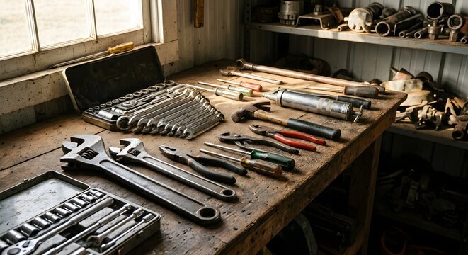 Professional Hand Tools and Wrenches on Rustic Workshop Workbench