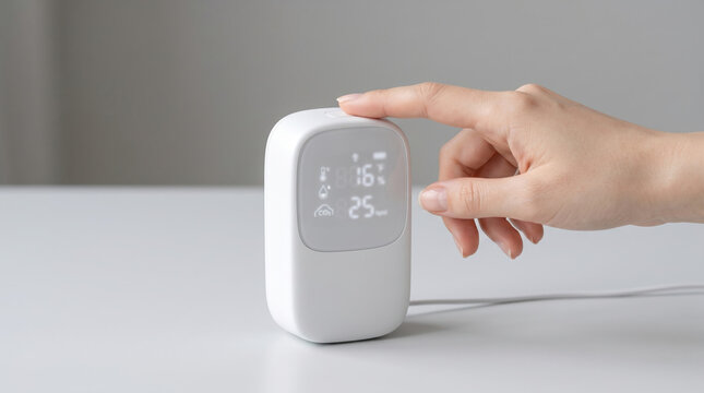 スマート空気質センサーのボタンを押して室内の環境測定を行う手元