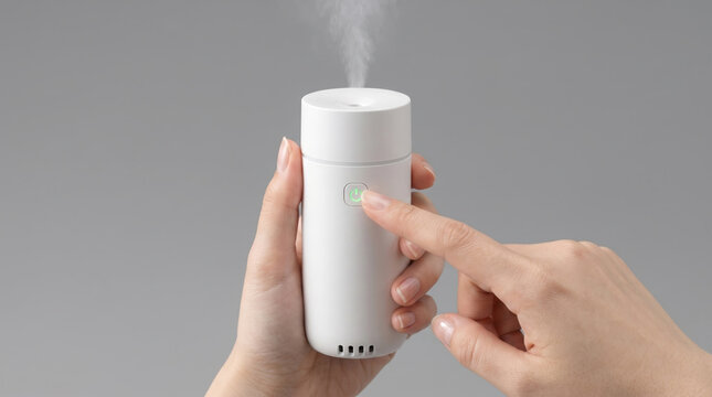 小型の超音波加湿器を手で持ち電源スイッチを押す女性の操作風景