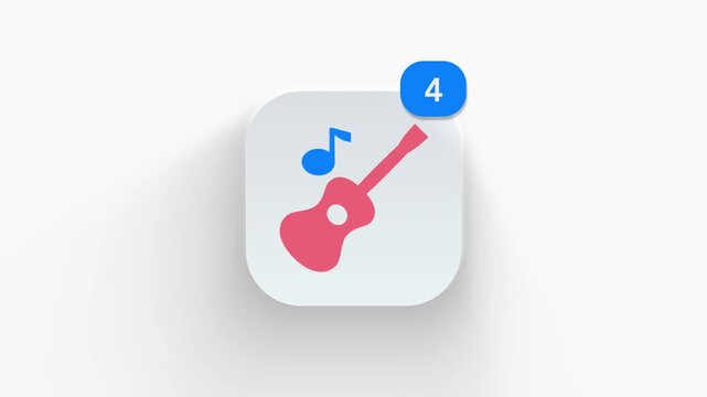 Acoustic guitar app icon featuring animated notification badge with counter 1 to 99, dynamic shadow effect, minimalist wooden string instrument music note concept, on white background. 